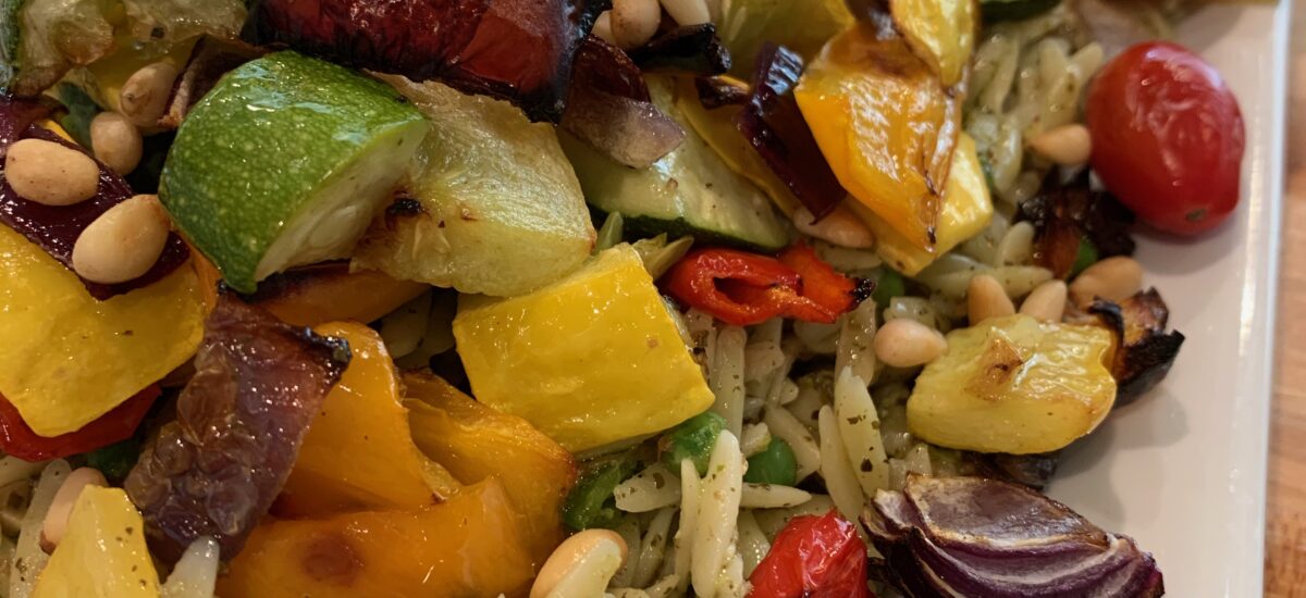 Pesto Orzo with Roasted Vegetables, Feta Cheese and Toasted Pine Nuts