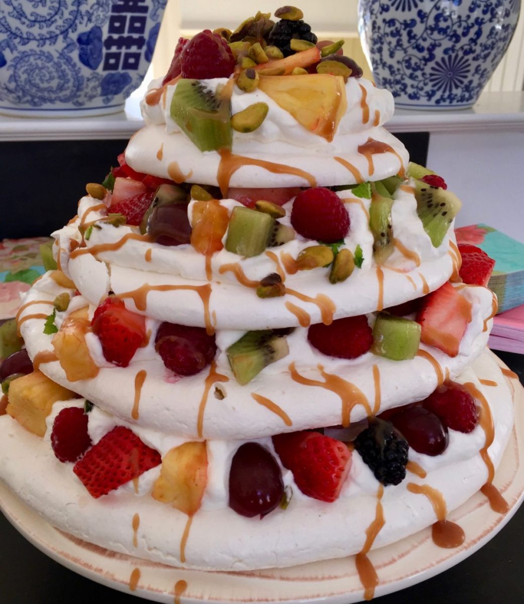 Pavlova with Cream, Fruit and Caramel Sauce