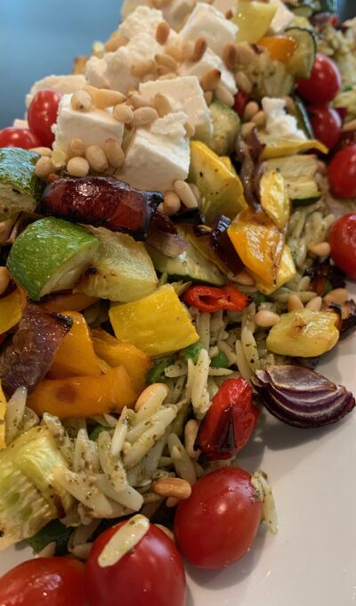 Pesto Orzo with Roasted Vegetables, Feta Cheese and Toasted Pine Nuts