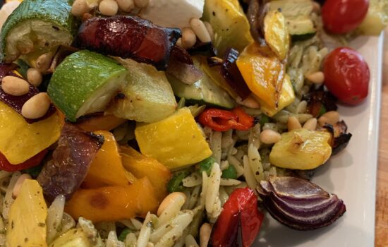 Pesto Orzo with Roasted Vegetables, Feta Cheese and Toasted Pine Nuts