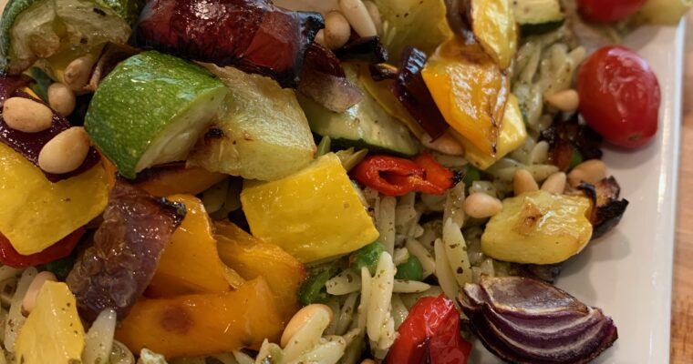 Pesto Orzo with Roasted Vegetables, Feta Cheese and Toasted Pine Nuts