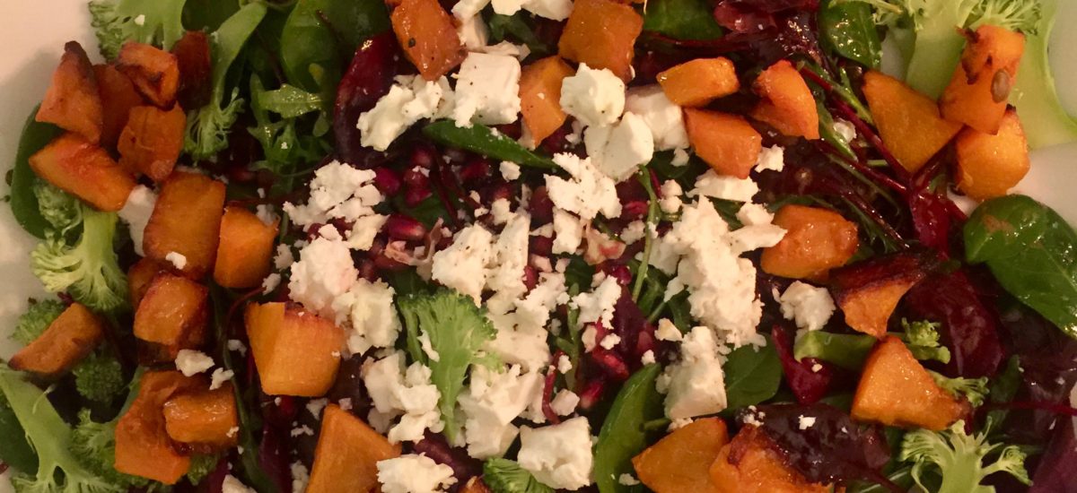 Puy Lentils with Caramelized Onion Chutney, Roasted Butternut Squash, Feta, Pomegranate  and Sliced Broccoli