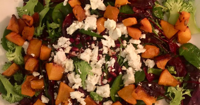 Puy Lentils with Caramelized Onion Chutney, Roasted Butternut Squash, Feta, Pomegranate  and Sliced Broccoli