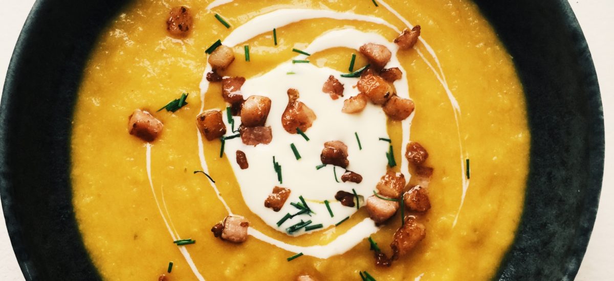 Scottish Lentil Soup with Crème Fraîche, Bacon and Chives