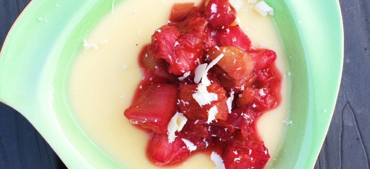 White Chocolate Panna Cotta with Rhubarb and Strawberries