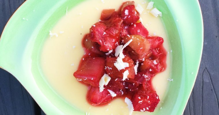 White Chocolate Panna Cotta with Rhubarb and Strawberries